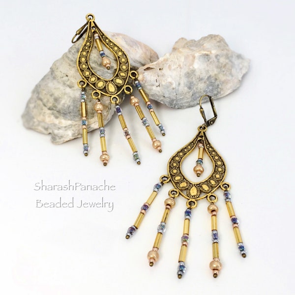 Chandelier Dangle Drop Earrings, Antique Gold Lever Back Earrings, Gold Tube Earrings, Peacock Blue Iris Bead Long Drop Earrings, OOAK