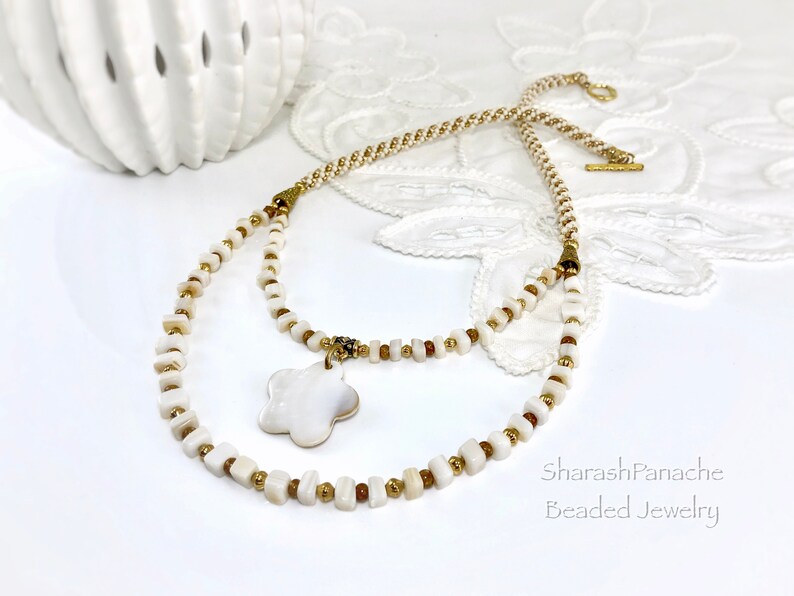 OOAK Kumihimo Necklace Gift for Her Spiral Gold Ivory Double Strand Flower Pendant Long Necklace Mother of Pearl Chip Bead Jewelry