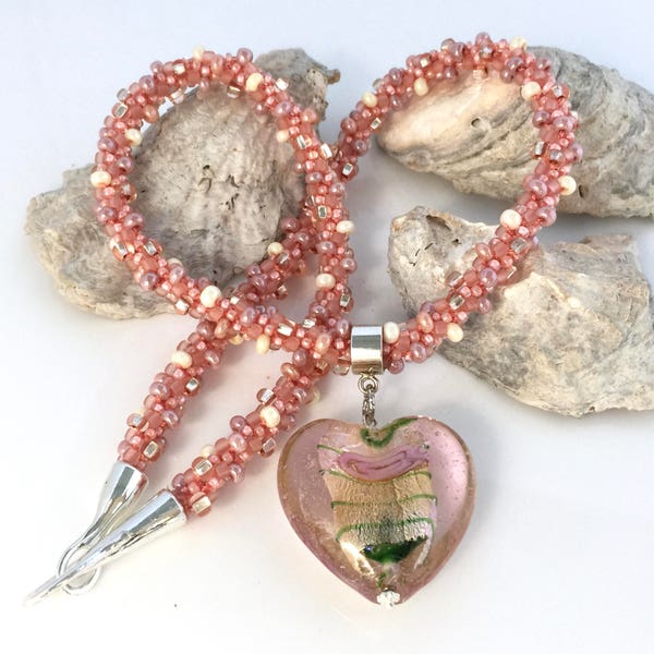 Pink Heart Kumihimo Necklace, Coral Pink Braided Bead Necklace, Glass Heart Pendant, Pink Beaded Braid Rope Jewelry, OOAK Gift for Her