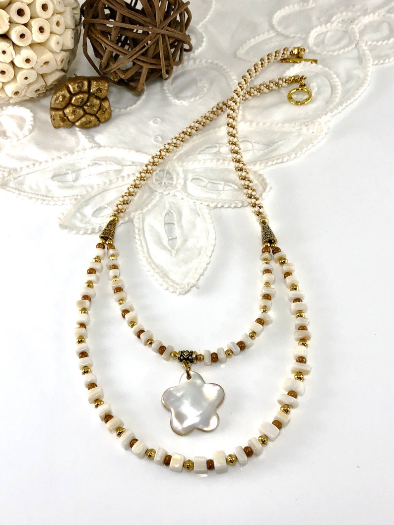 OOAK Kumihimo Necklace Gift for Her Spiral Gold Ivory Double Strand Flower Pendant Long Necklace Mother of Pearl Chip Bead Jewelry