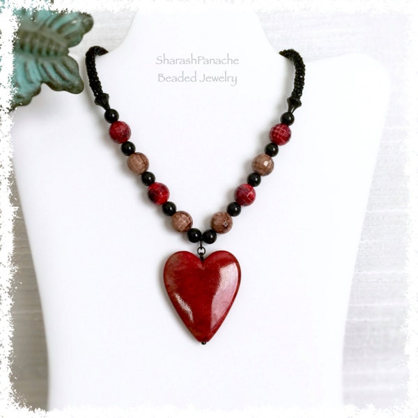 Kumihimo Necklace, Red Heart Pendant Necklace, Red, Tan, Black Bead Necklace, Black Toggle Clasp, Mothers Day, Gift for Her