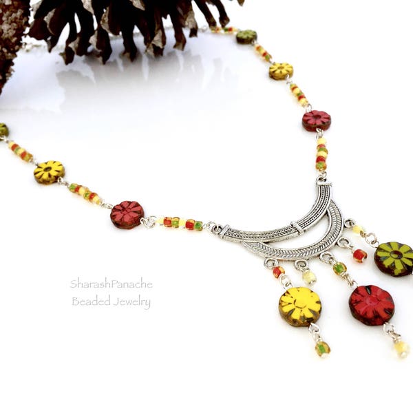 Long Flower Necklace, Red, Yellow, Green Indian Beaded Chain Necklace, Dangle Bead Jewelry, Antique Silver Necklace, OOAK Gift for Her