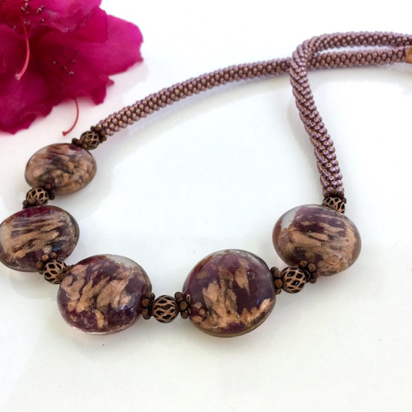 Kumihimo Necklace, Purple Copper Lamp Work Glass, Braided Bead Choker, Kumihimo Woven Beaded Braid Jewelry, Toggle Clasp, OOAK Gift for Her