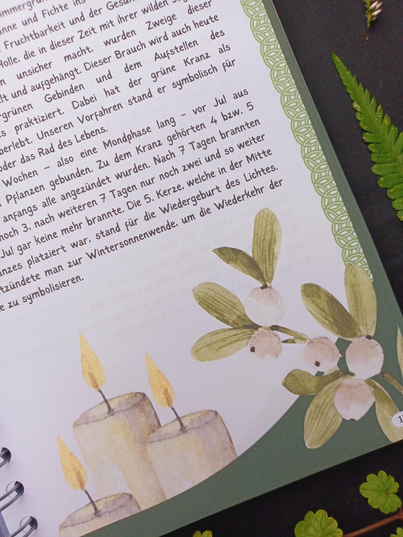 May include: Three white candles with yellow flames are lit. The candles are in front of a green background with a sprig of holly with white berries.