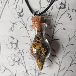 Könnte beinhalten: Eine Halskette mit einem Glasflaschen-Anhänger mit einem Korkverschluss. Die Flasche ist mit getrockneten Kräutern und Blumen gefüllt. Die Halskette ist an einem schwarzen Band.