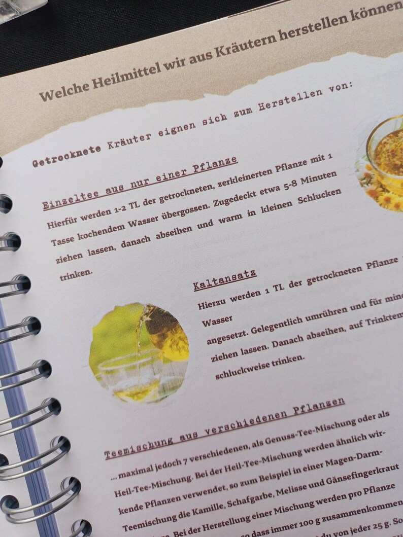 May include: A page from a German language book with instructions on how to make herbal teas and infusions. The page features a photo of a glass cup with a clear liquid and a green plant. The text on the page reads "Welche Heilmittel wir aus Kr&auml;utern herstellen k&ouml;nnen" and "Getrocknete Kr&auml;uter eignen sich zum Herstellen von: Bingeltee aus nur einer Pflanze".