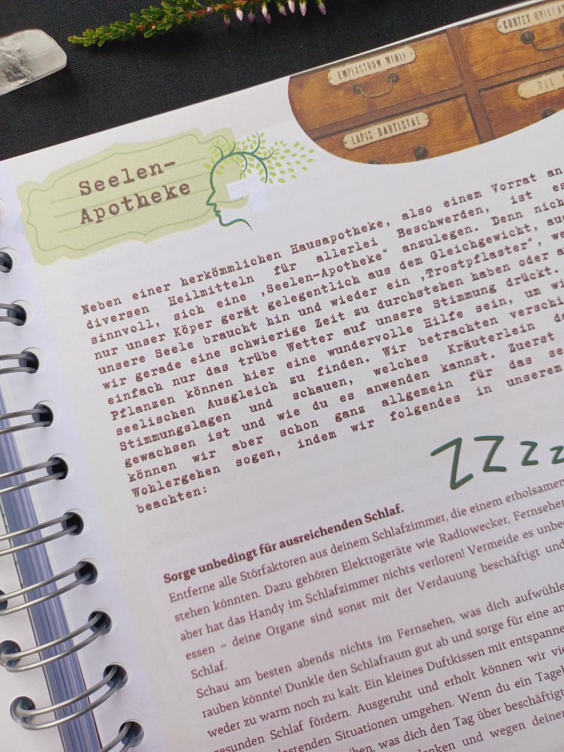 May include: A page from a book titled "Seelen-Apotheke" with a green and brown illustration of a tree and a person's head. The text on the page discusses the importance of sleep and how to create a relaxing sleep environment. The text also mentions the benefits of using plants to improve mood and well-being.