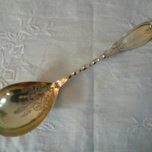 Ornate Antique Small Serving Casserole Spoon Olive Pattern Twist Handle Brite Cut Engraved "Mother" Silverplate Gold Wash