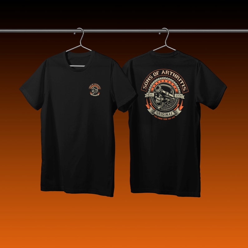 May include: Black t-shirt with a small graphic on the left chest and a larger graphic on the back. The back graphic says "Sons of Arthritis est. 2006 Original You know who you are".