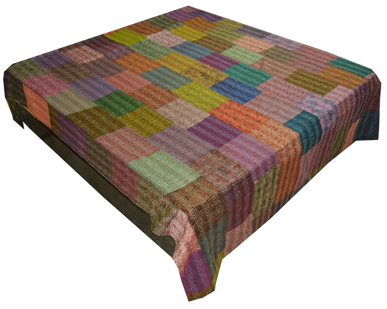 Queen Size Handmade Quilt, Vintage Patchwork Silk Sari Quilt