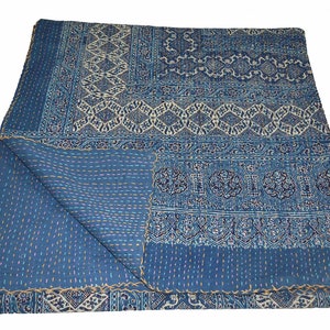 Vintage Indian Kantha Quilt Handmade Ajrakh hand block print 100% Cotton Bed cover Bedspread Blanket Queen size/  Twin size/ King size