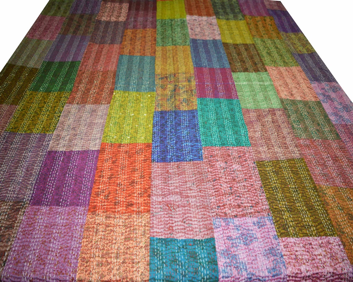Queen Size Handmade Quilt Vintage Patchwork Silk Sari Quilt Etsy
