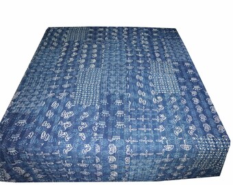 Indian Handmade Kantha Quilt, Queen taille Indigo Printed Bagru hand block print 100% Cotton Bed cover Bedspread Blanket Bed Sheet Bedding