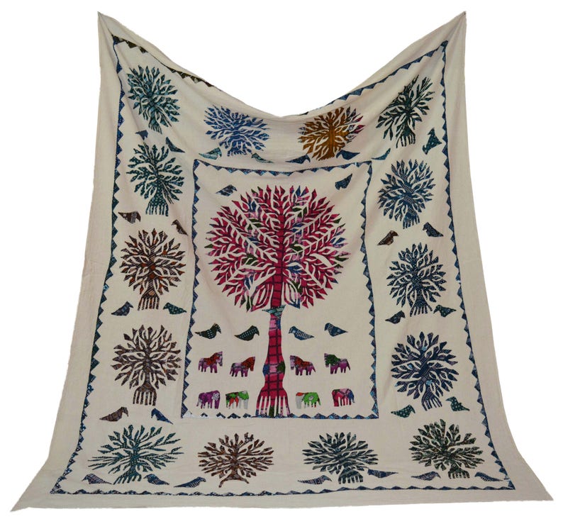 Queen Size Handmade Applique patch work, Bed-cover, Bedspread, Blanket, Coverlet, Linen Bed sheet, 100% Cotton, Vintage Indian Kantha Quilt image 1