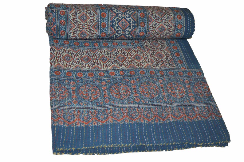 Vintage Indian Kantha Quilt Handmade Ajrakh hand block print 100% Cotton Bed cover Bedspread Blanket Queen size/ Twin size/ King size image 2