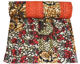 Fait à la main, Patchwork, couette coton-couverture de lit, couvre-lit, couverture, couvre-lit, jeter, impression de bloc Kantha Quilt Vintage Art indien à la main