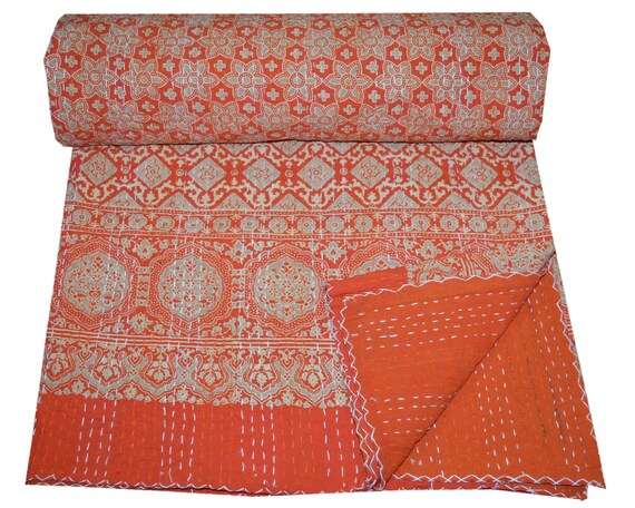 Indian Vintage Kantha Quilt Handmade Ajrakh Hand Block Print Etsy