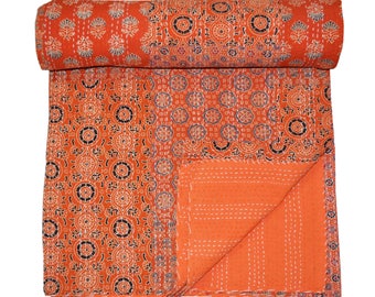 Kantha Quilt traditional Indian bed cover Patch work Handmade hand block print Cotton Azarakh Kantha Bedcover Bedspread Blanket throw