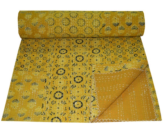 Queen Indian Handmade Cotton Kantha Blanket Quilt Throw Vintage Cotton Bed Cover