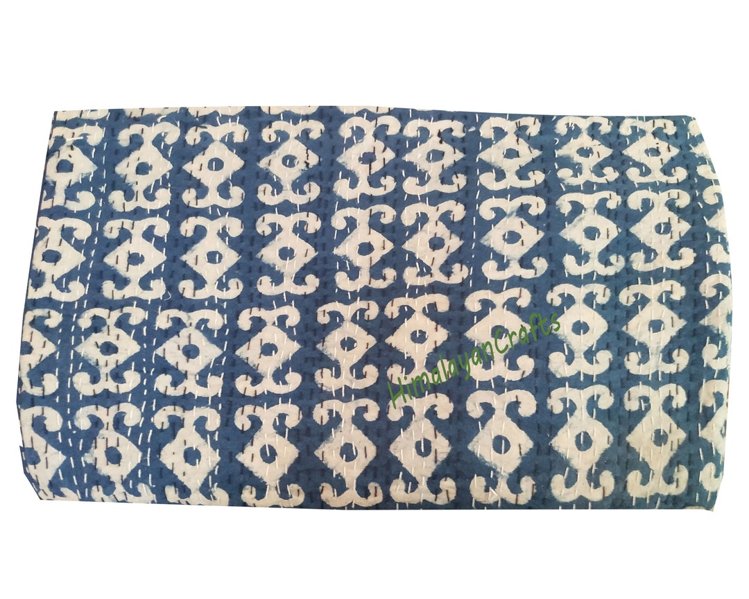 Indian Handmade Kantha Quilt Queen Size Indigo Printed Bagru Etsy