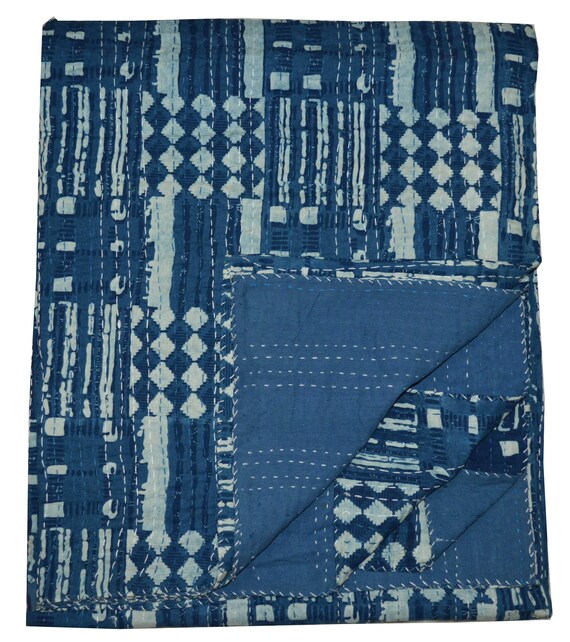 Queen Indian Handmade Cotton Kantha Blanket Quilt Throw Vintage Cotton Bed Cover