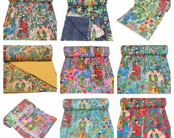 Indien Kantha Quilt, Handmade Kantha Ethnic Stitch Décoratif Gudri Floral Print Quilt , Handmade Boho Bedspread navire traditionnel gratuit