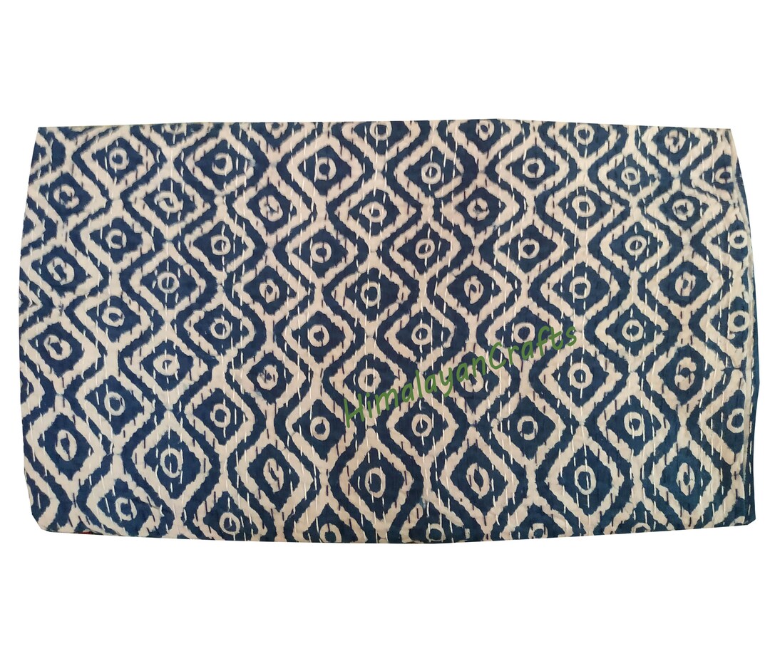 Indian Handmade Kantha Quilt Queen Size Indigo Printed Bagru Etsy