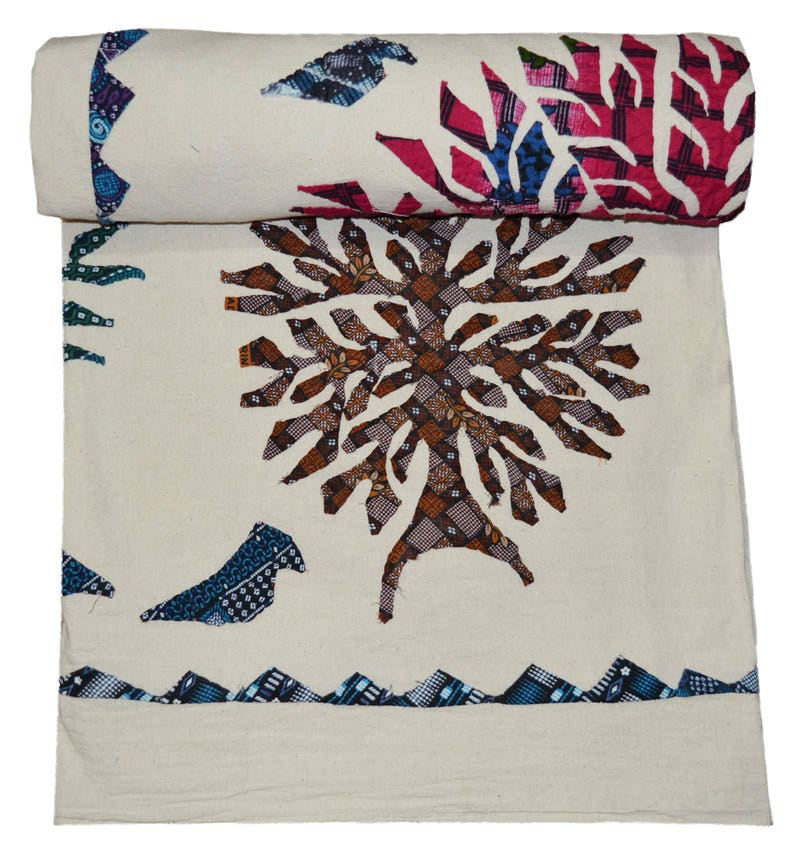 Queen Size Handmade Applique patch work, Bed-cover, Bedspread, Blanket, Coverlet, Linen Bed sheet, 100% Cotton, Vintage Indian Kantha Quilt image 3