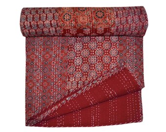 Queen size kantha Quilt Vintage Indian bed cover Patch work Handmade hand block print Cotton Azarakh Kantha Bedcover Bedspread Blanket throw