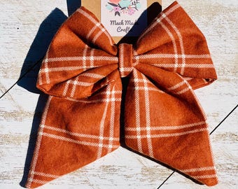 Handmade Orange Plaid Sailor Bow, Toddler Hair Clip (5 Inch)