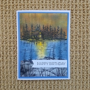 CARD KIT Birthday 4 Greeting Cards with Envelopes - Cabin On A Lake Masculine, Male DIY