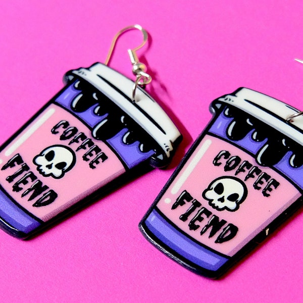 EMO COFFEE CUP Earrings - Coffee Fiend - kitsch earrings - pink and black - goth jewellery - emo earrings - skull coffee cup - dangle drop