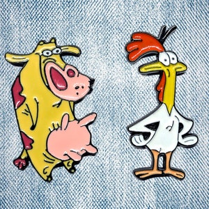 SET Of 2 COW and CHICKEN Enamel Pin Badges - 90's cartoon pin - nostalgia - millennial pin - stocking filler - cartoon badge - character