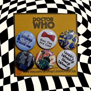 DOCTOR WHO Badge Pack - doctor who badges buttons - whovian gifts - bow ties are cool - van gogh tardis pin- dalek pin - weeping angel badge