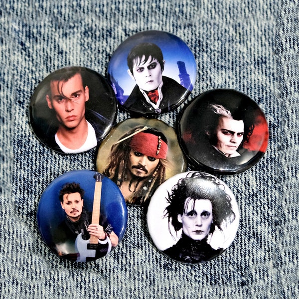 JOHNNY DEPP Badge Pack - Johnny Depp pin button - badges - jack sparrow - edward scissorhands - cry baby - sweeny todd - johnny depp gifts