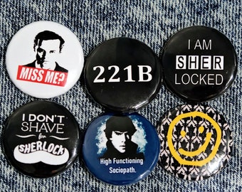 SHERLOCK Badge Pack - sherlock pin - bbc sherlock - sherlock badges - benedict cumberbatch - moriarty - i am sherlocked - sherlock smiley