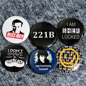 SHERLOCK Badge Pack - sherlock pin - bbc sherlock - sherlock badges - benedict cumberbatch - moriarty - i am sherlocked - sherlock smiley