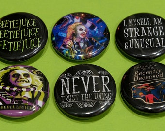 BEETLEJUICE Badge Pack - Tim Burton - 80's movies - Strange and unusual - movie nerd gifts -  handbook for the recently deceased - pin badge