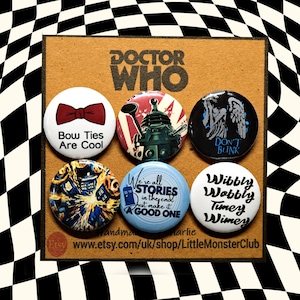 DOCTOR WHO Badge Pack - doctor who badges buttons - whovian gifts - bow ties are cool - van gogh tardis pin- dalek pin - weeping angel badge