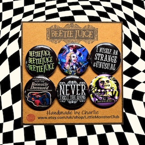BEETLEJUICE Badge Pack - Tim Burton - 80&#39;s movies - Strange and unusual - movie nerd gifts -  handbook for the recently deceased - pin badge