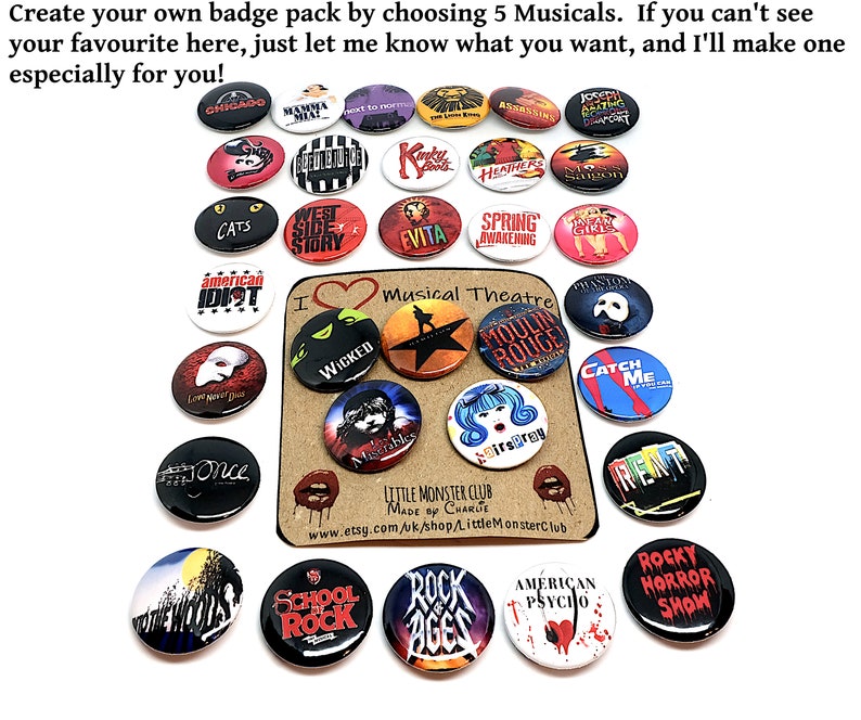 MUSICAL THEATRE Badge Pack musical theatre badges West End Broadway choose your own musical theater pin theatre gifts 25mm image 3