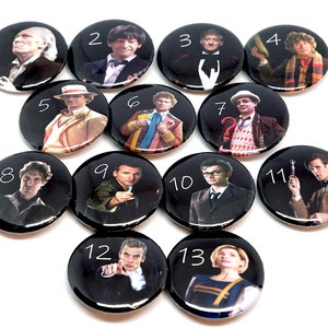 Doctor Who Pin Badge Collection - Dr Who buttons - all the doctors - whovian pins - 25mm button - tenth doctor - fourth doctor - sci-fi pins