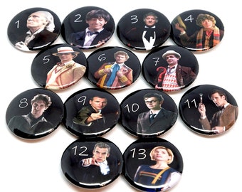 Doctor Who Pin Badge Collection - Dr Who buttons - all the doctors - whovian pins - 25mm button - tenth doctor - fourth doctor - sci-fi pins