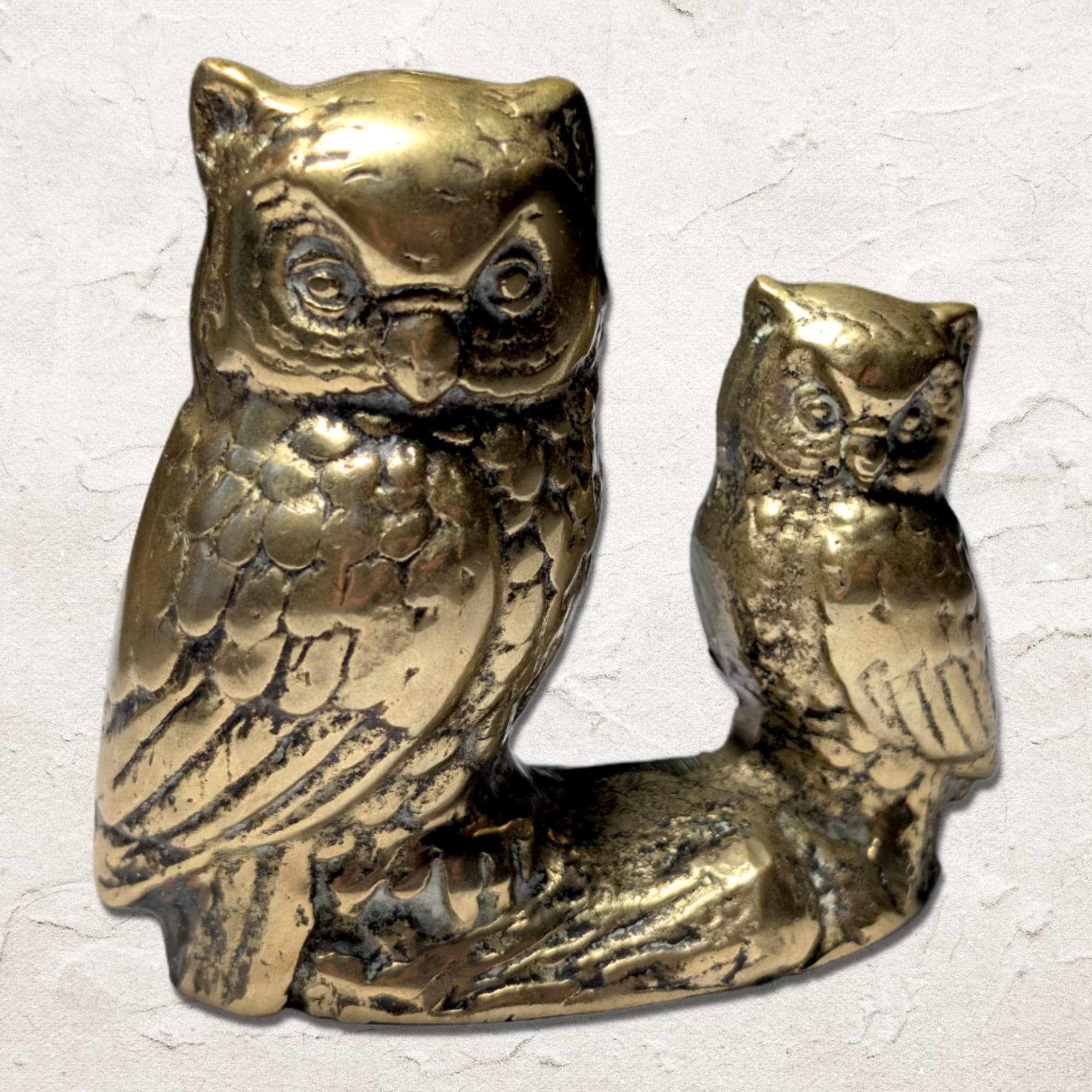 VINTAGE BRASS OWL Figurine - Mother and Baby Ornament - 1980s