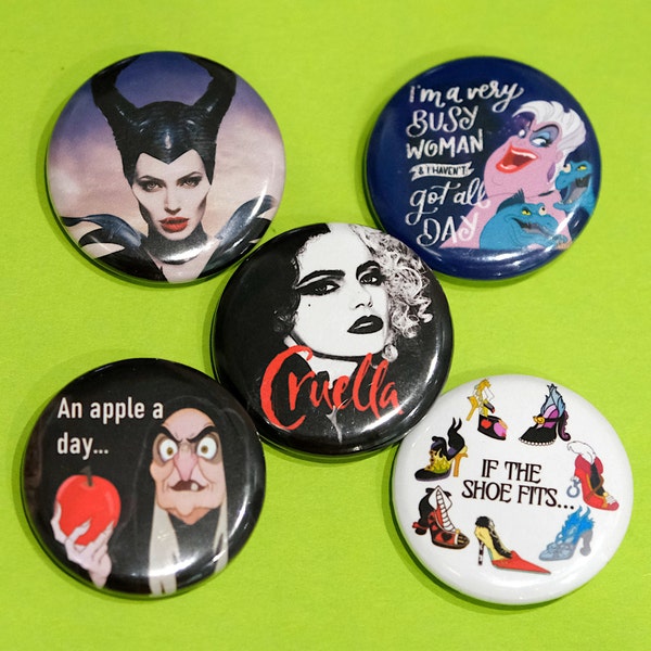 VILLAINS Badge Pack - disney villains - Cruella pin button - Ursula little mermaid - maleficent - Angelina Jolie - Emma Stone - wicked queen