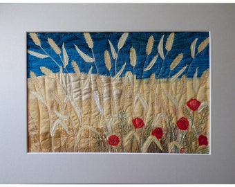 Mini art quilt ready for framing, Poppies on a wheat field Textile wall hanging, yellow petrol Ready for framing, Summer Ukrainian landscape