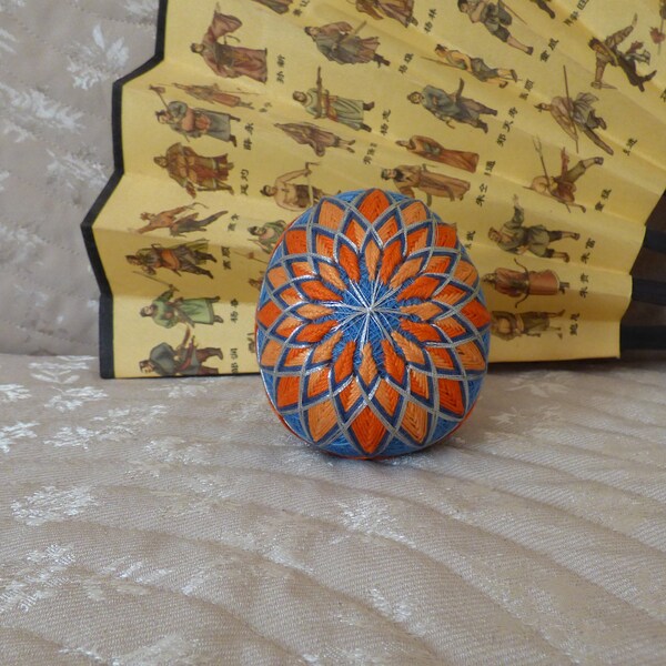 Temari Small Embroidered egg, Textile home Easter decor, Mini 3D fiber art, Japanese motive, Ukrainian Pysanka,Chrysanthemum Prosperity gift