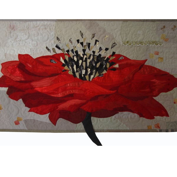 Large art quilt Red poppy One flower Textile wall hanging Japanese motif Black red gold Fiber home decor Bright energizer Quilted wall art