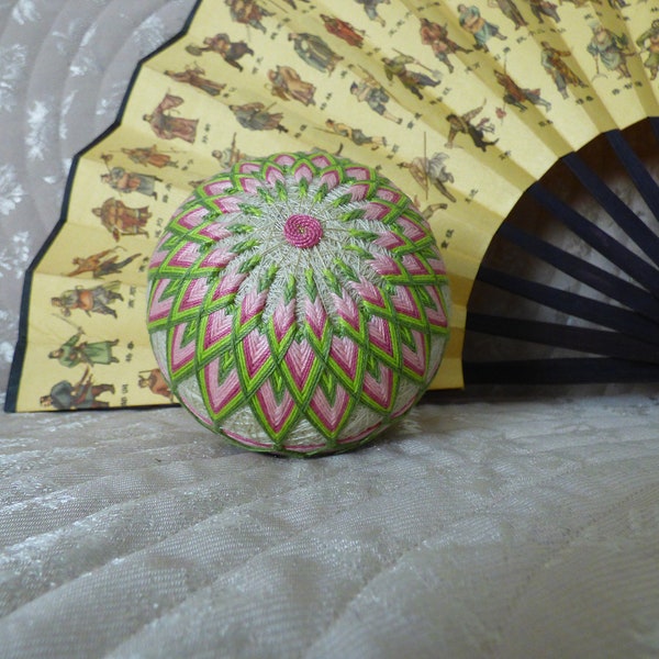 Pink green Temari ball, Set of hand embroidered balls, 3D textile home decor, Mini textile art, Prosperity wishes gift, Japanese motives