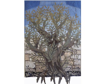 Large Olive tree art quilt, Old olive by old stone wall, Unusual textile wall hanging, Southern nature, Tree and sky, 3D Textured Wall Art